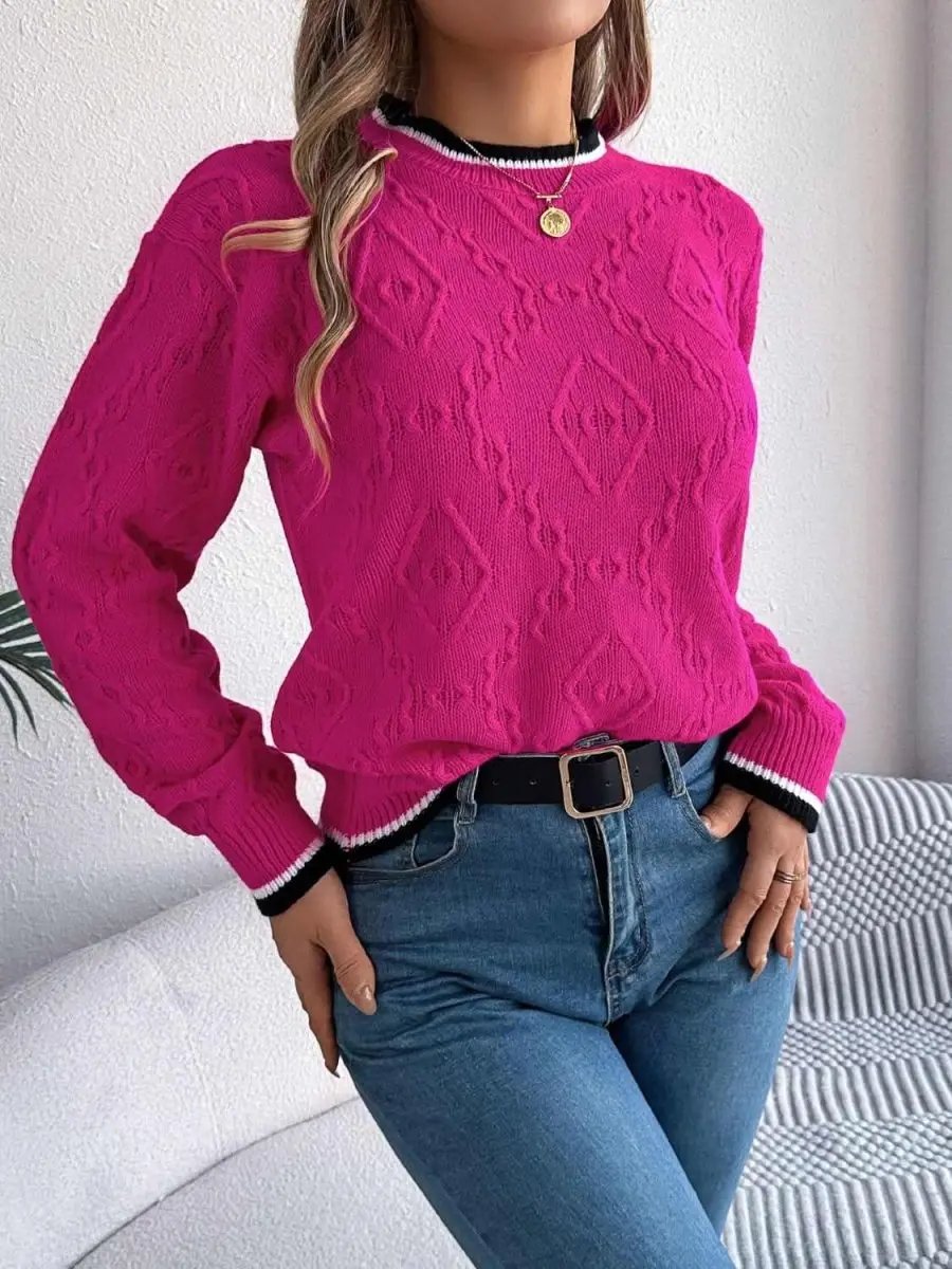 Contrast Trim Round Neck Long Sleeve Sweater - Love Salve
